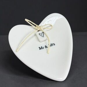 East of India Mr & Mrs Heart Trinket Dish White Ceramic Ring Tray Wedding Gift‎